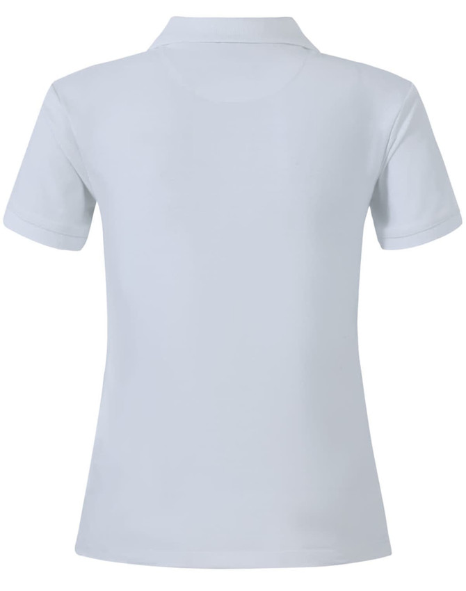 A light blue ladies' cotton stretch polo shirt with a classic collar and short sleeves. It features a logo on the back.