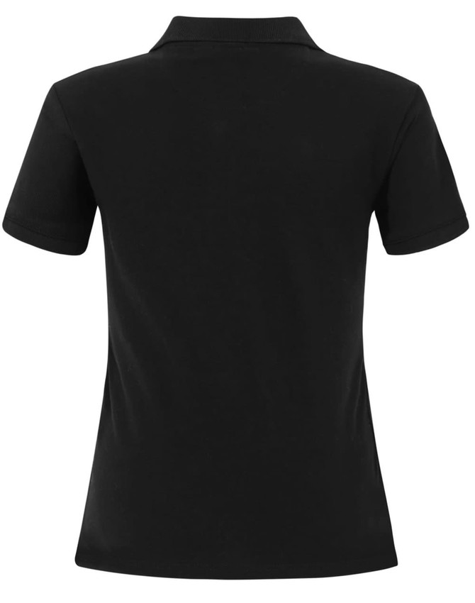 A black ladies cotton stretch polo shirt with short sleeves and a collar, displaying a logo on the back.