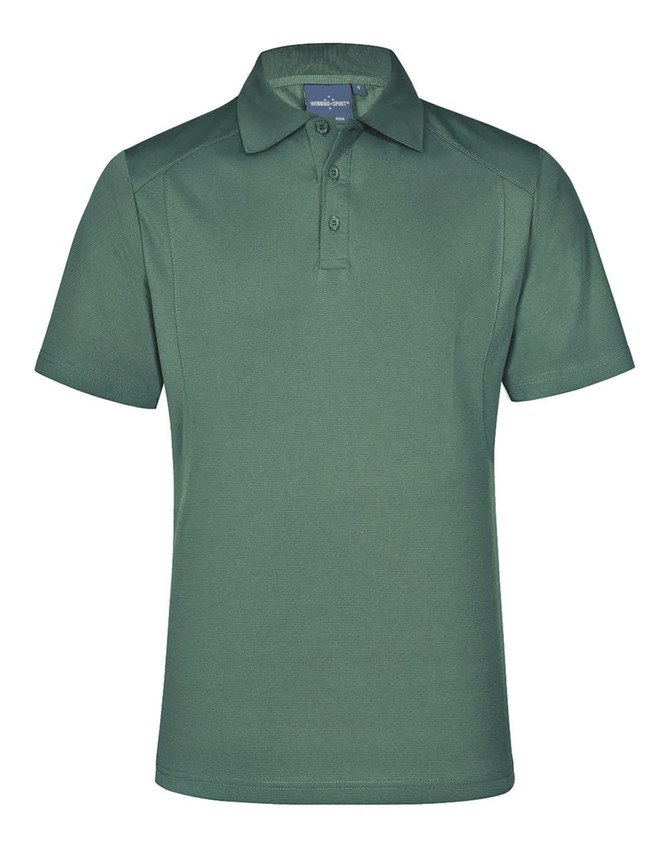 A green polo shirt with a collar and a three-button placket, featuring a logo on the chest.