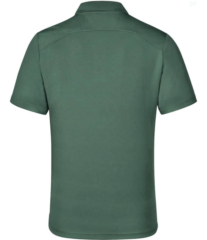 A green men's polo shirt with a classic collar and a logo on the back.