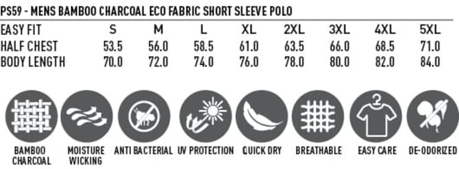 A men's short sleeve polo shirt in bamboo charcoal, featuring eco fabric with a breathable and moisture-wicking design.