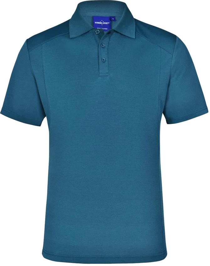 A teal men's polo shirt with a collar and three buttons, featuring shoulder panels and a logo.