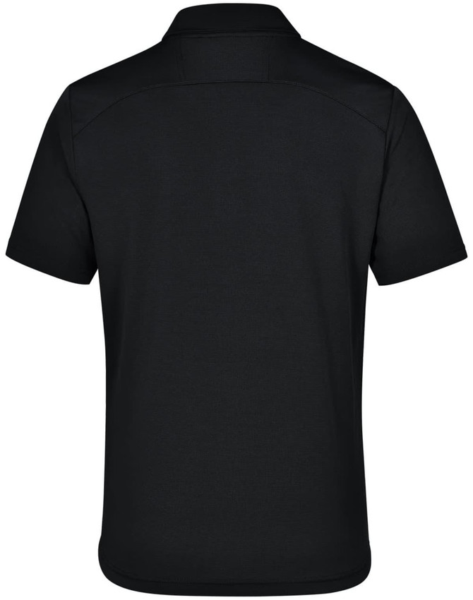 A back view of a black polo shirt featuring a collar and short sleeves, with a logo on the fabric.