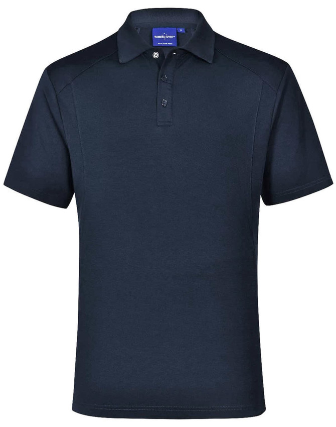 A navy men's polo shirt with a collar, short sleeves, and a three-button placket. It features a logo.