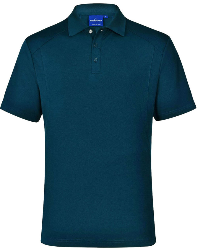 A dark navy polo shirt with a collar, featuring a button-up placket and a logo.