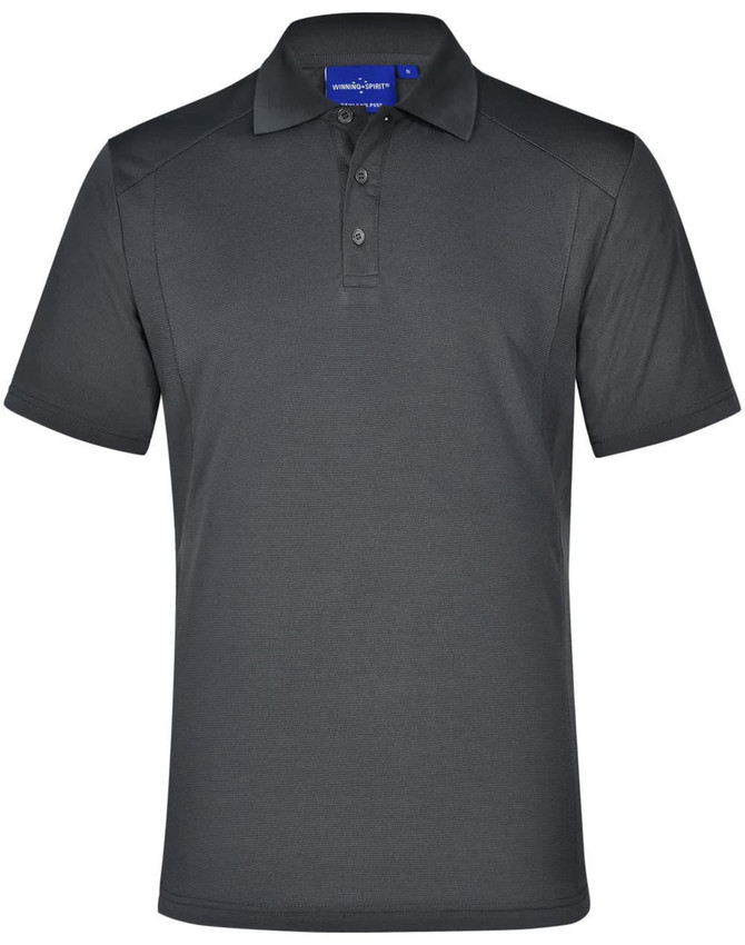 A dark grey men's polo shirt featuring a collar, short sleeves, and a logo on the left chest.