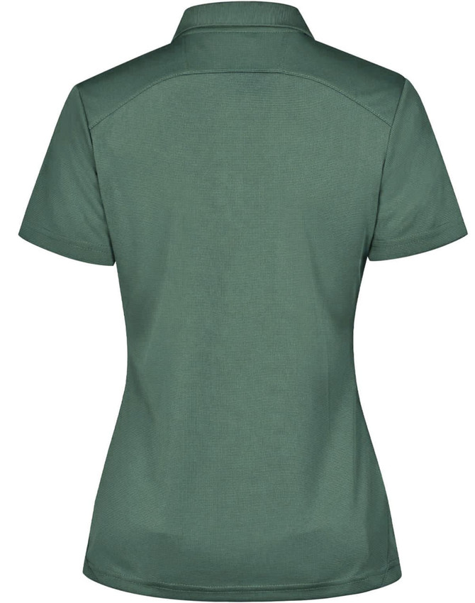 A women's polo shirt in dark green with a classic collar and a fitted silhouette, featuring a logo.