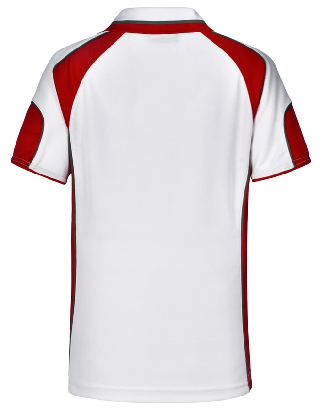 A polo shirt featuring a white base with red accents and a logo on the back.