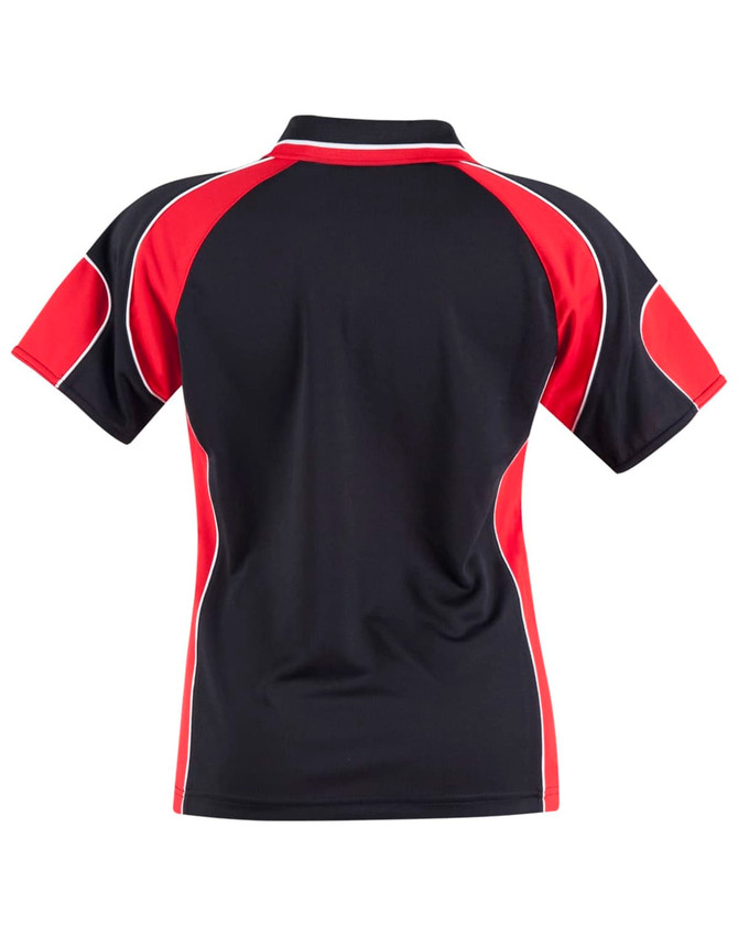 A black polo shirt with red accents and white piping, featuring a logo on the back.