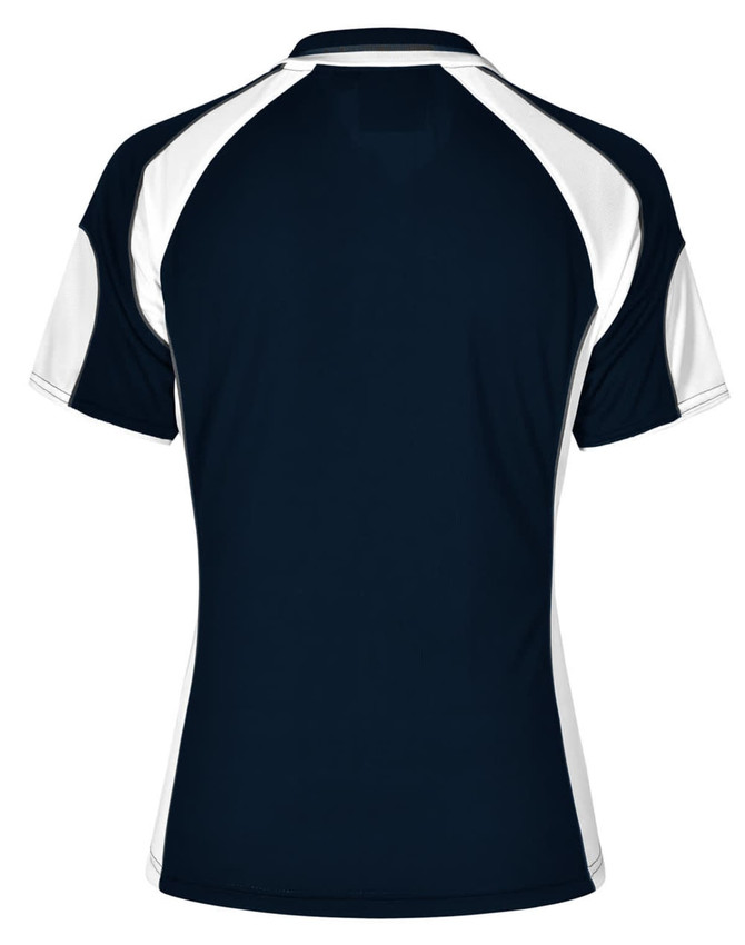 A navy blue polo shirt with white accents, featuring a sporty design and a logo on the back.