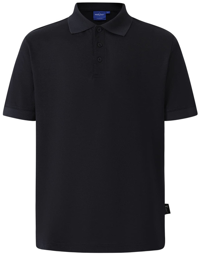 A black polo shirt with a collar and short sleeves, featuring a logo on the chest.