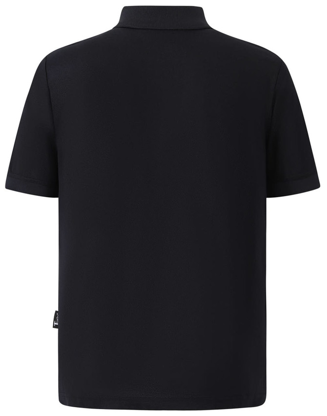 A black men's polo shirt featuring a classic collar and short sleeves. The shirt has a logo on it.
