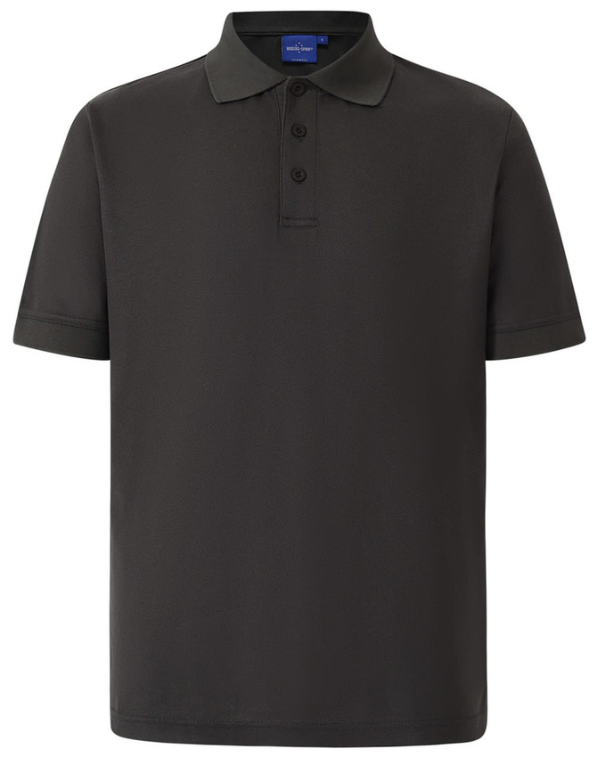 A grey men's polo shirt featuring a collar, short sleeves, and a three-button placket. It includes a logo.