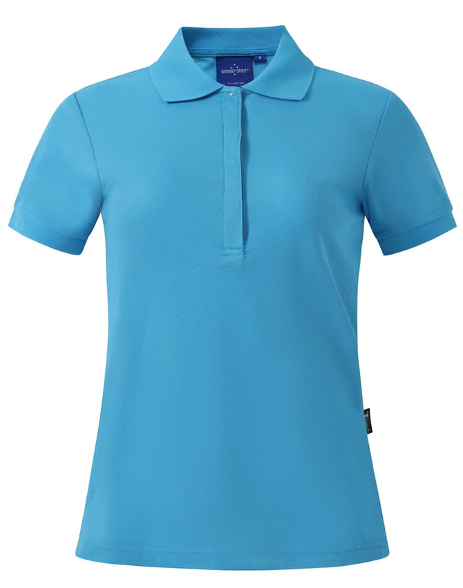 A bright aqua polo shirt with a classic collar and short sleeves, featuring a logo on the chest.