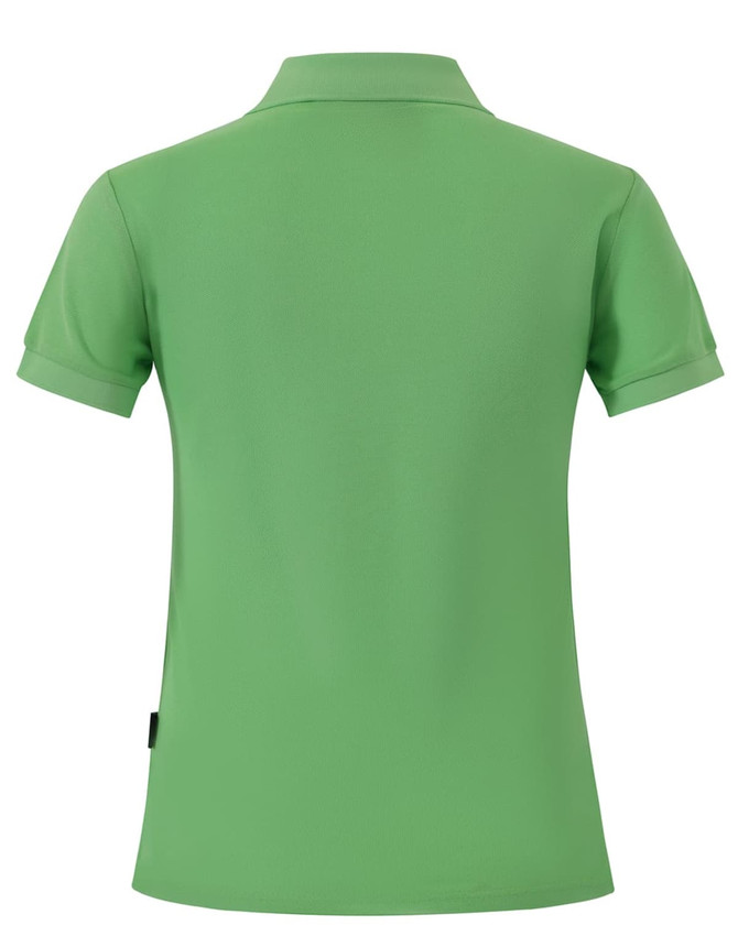 A women's polo shirt in vibrant green with a fitted design and a small logo on the side.