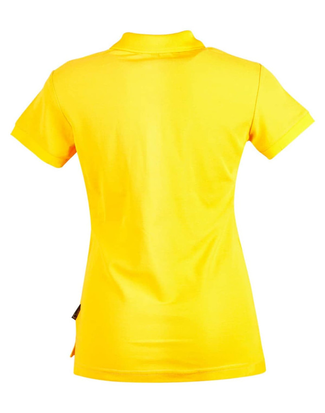 A women's yellow polo shirt with a back view and a small logo at the hem.