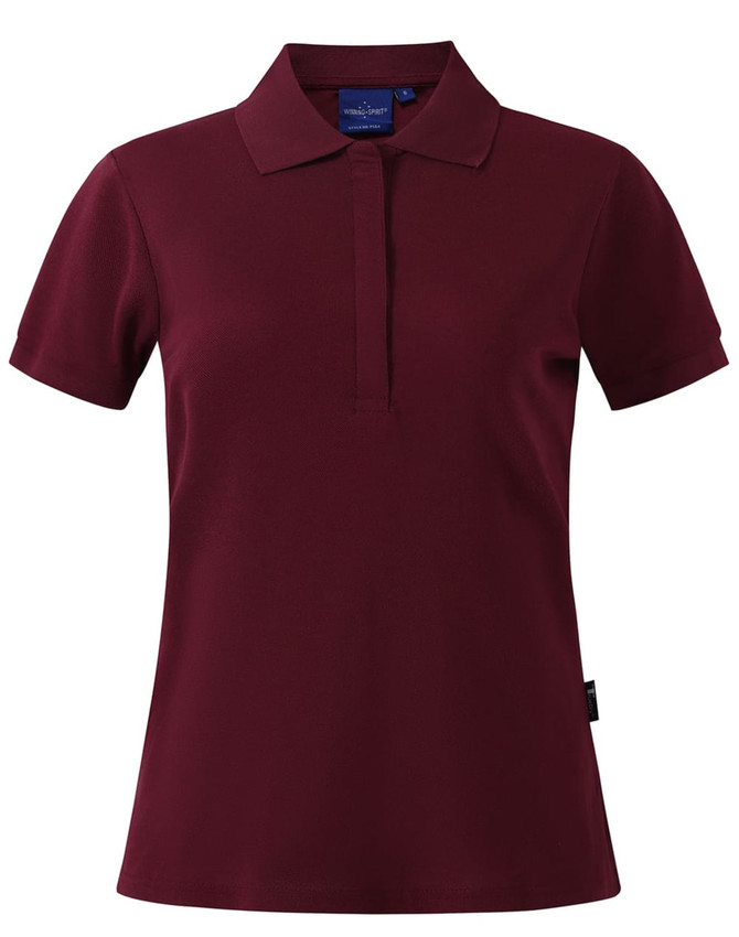 A red ladies' polo shirt with a collar, short sleeves, and a logo on the side.
