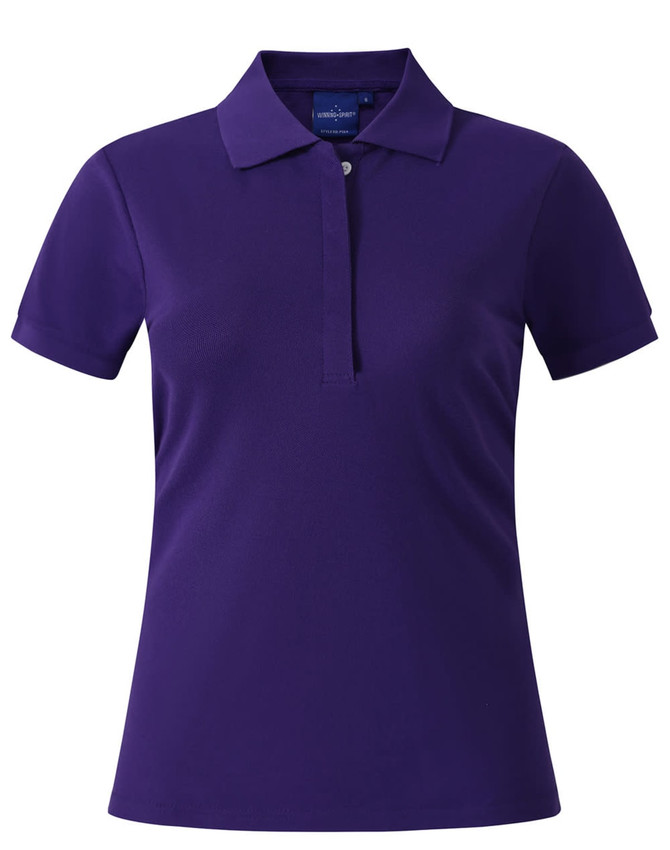 A purple ladies' polo shirt featuring a collared neckline and short sleeves, with a logo on the chest.