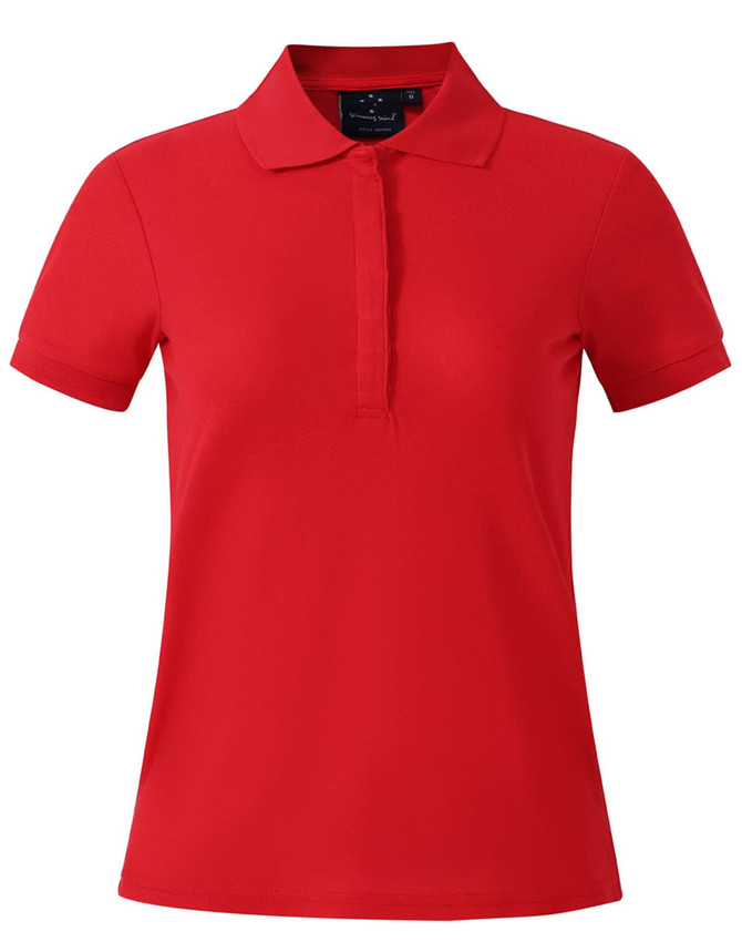 A red ladies' polo shirt with a collar and short sleeves, featuring a branding logo.