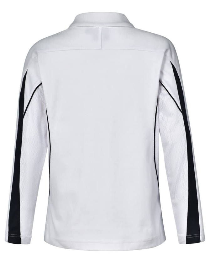 A long sleeve polo shirt in white with black accents and a logo. Back view showing mesh detail.
