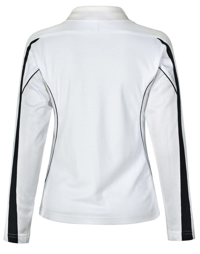 A long sleeve polo shirt in white with black detailing and a mesh back, featuring a logo.