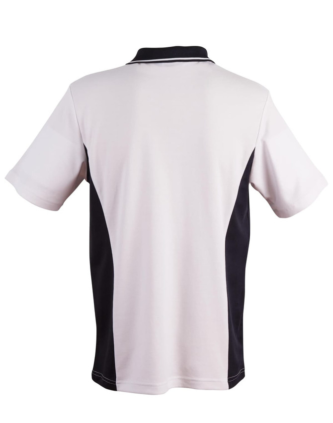 A men's polo shirt in white and black, featuring short sleeves and a collar, with a logo on the back.