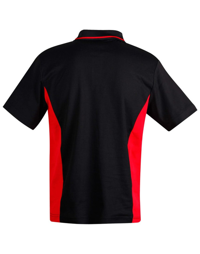 A black and red Men's TrueDry Contrast S/S Polo shirt with a logo on the back.