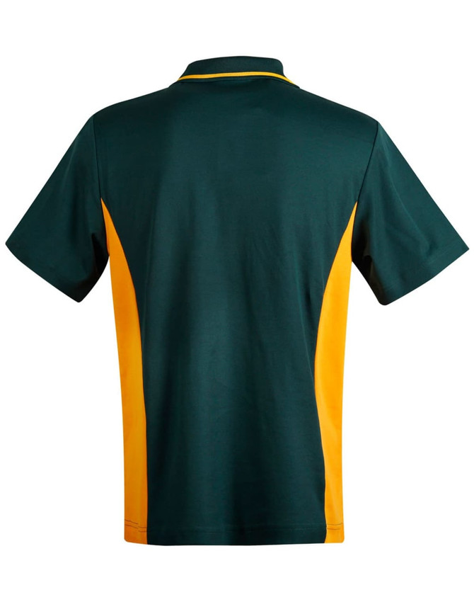 Men’s TrueDry Contrast S/S Polo in dark green with yellow side panels and a logo on the back.