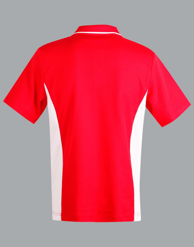A red polo shirt with white contrast panels and a logo. The design features a classic collar and short sleeves.