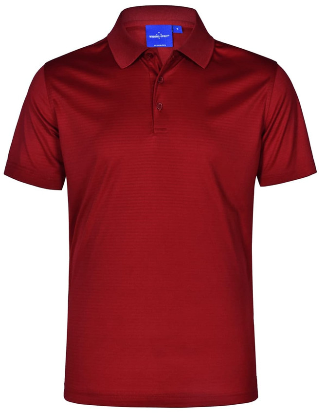 A red textured polo shirt with a collar, short sleeves, and a logo on the left side.