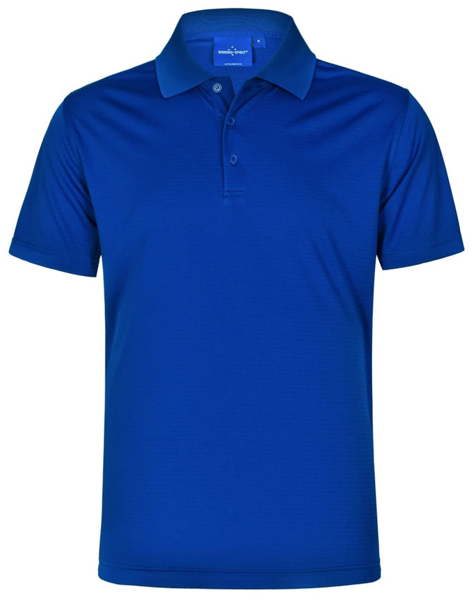 A vibrant blue men's polo shirt with a textured fabric and a three-button placket. It features a collar and has a logo.
