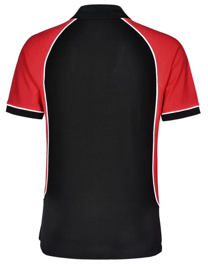 A polo shirt featuring a tri-colour design with red, black, and white accents. It includes a collar and short sleeves.