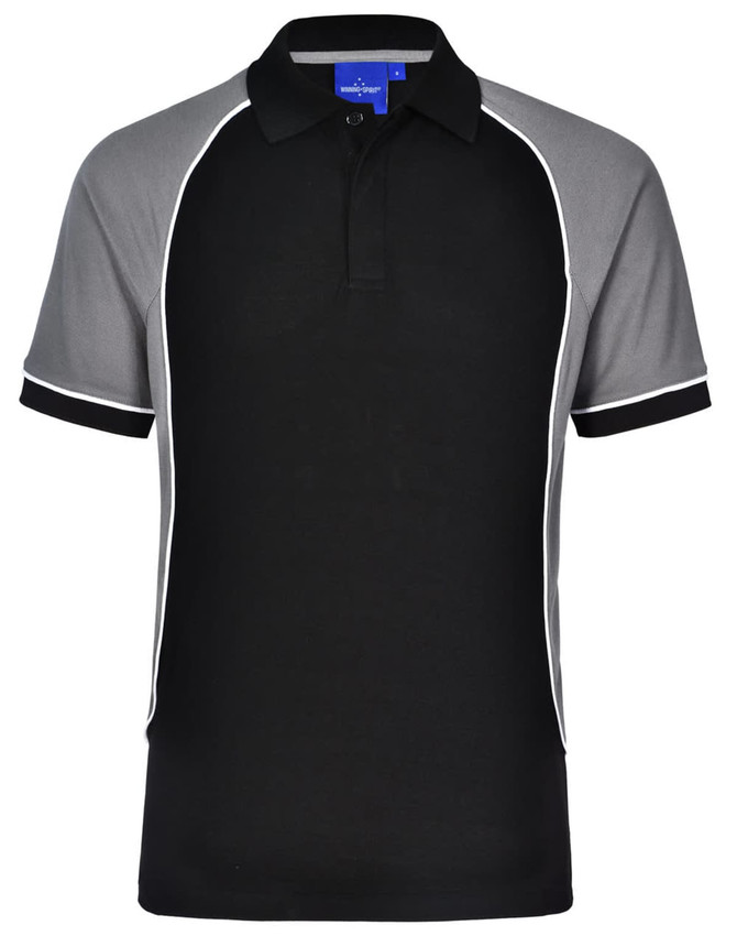 A black and grey tri-colour polo shirt with short sleeves and a collar, featuring a logo.