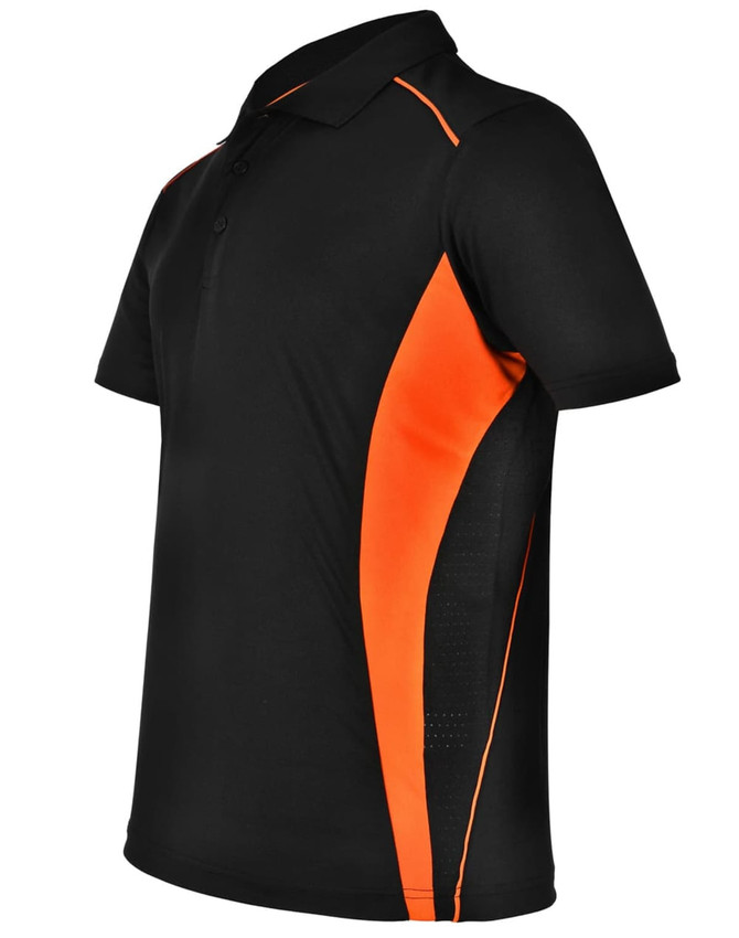 A black polo shirt with orange contrast detailing and a logo. Suitable for casual wear or sports activities.