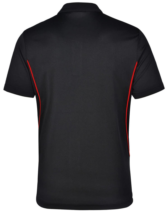 A black polo shirt with red contrast detailing and a logo on the back.