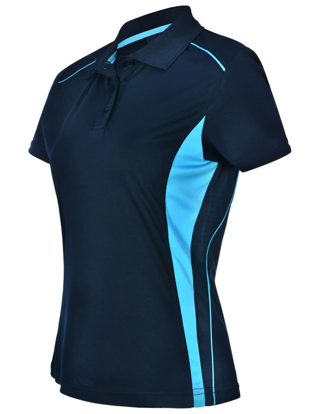 A navy blue polo shirt with light blue contrast panels and a collar. Features a logo on the shirt.