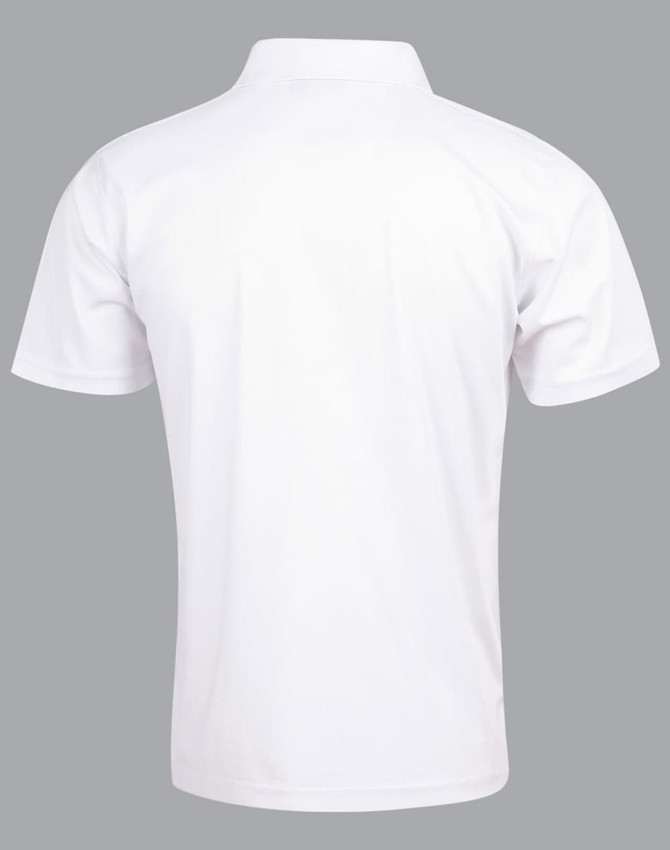 A white men's polo shirt featuring a classic collar and short sleeves, with a logo on the back.