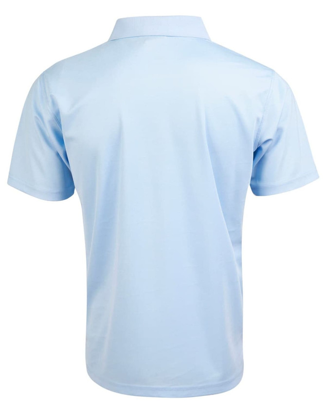 A light blue kids' polo shirt with a back view, featuring a collar and short sleeves. It has a logo.