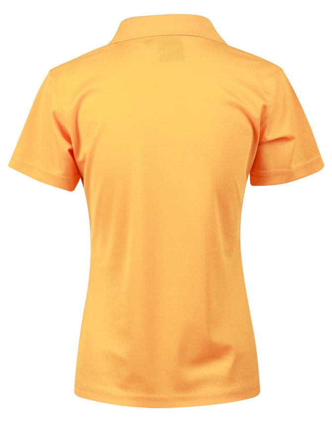 Ladies' short-sleeve polo shirt in bright orange with a collar and a logo on the back.