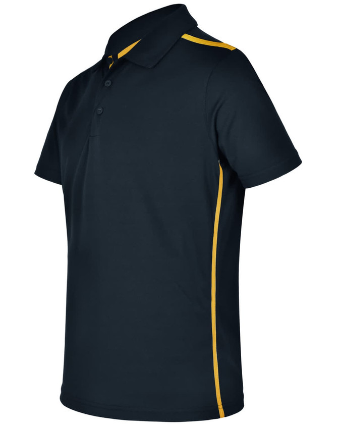 A men's short sleeve polo in navy blue with yellow contrast detailing and a logo on the chest.