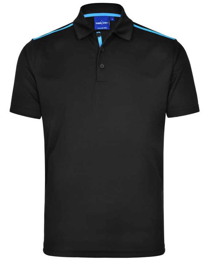 A black short sleeve polo shirt featuring contrast blue stripes and a logo on the collar.