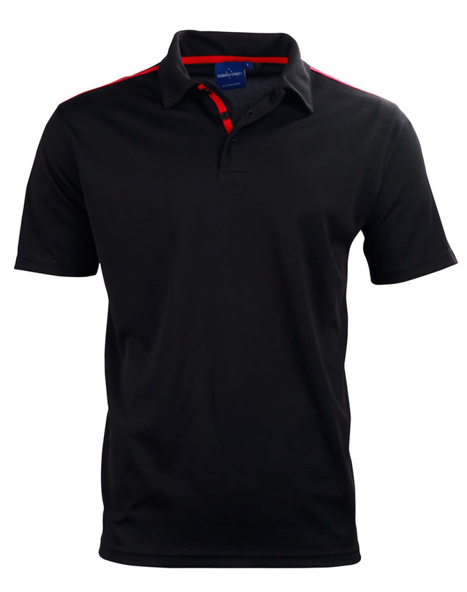 A black short sleeve polo shirt with red contrast detailing and a branding logo on the chest.