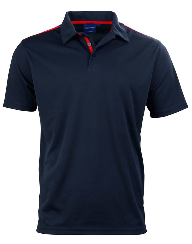 A navy polo shirt with short sleeves and contrasting red accents, featuring a collar and button detail.