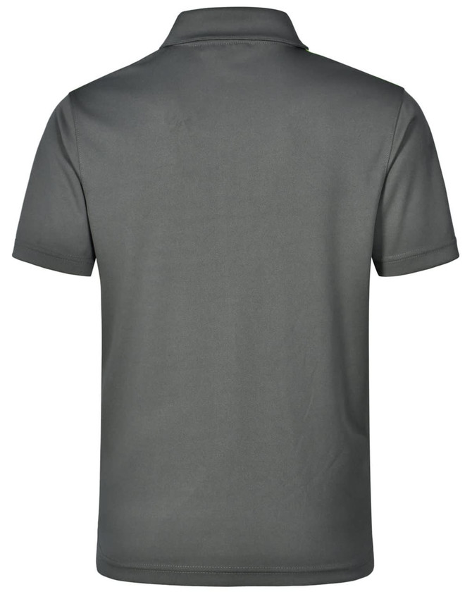 A grey kids' polo shirt featuring a classic short sleeve design and a logo on the back.