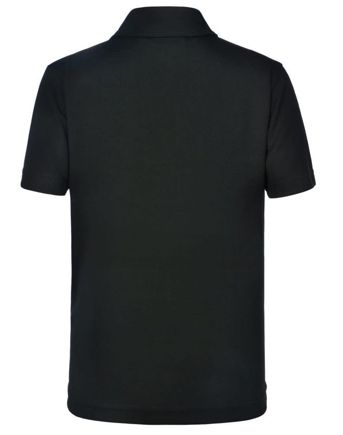 A black kids' polo shirt featuring short sleeves and a plain back design. Includes a branding logo.