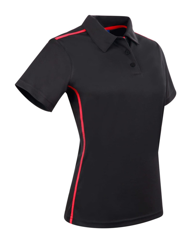 A black short sleeve polo shirt featuring red contrast detailing and a logo on the chest.