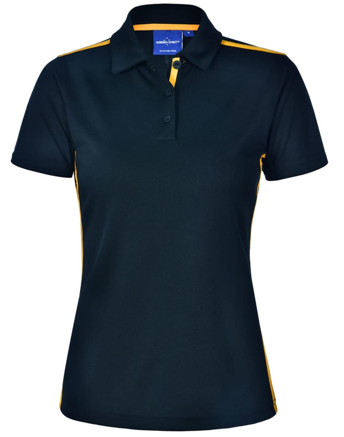 A short-sleeve polo shirt in dark green with yellow contrast detailing and a logo on the chest.