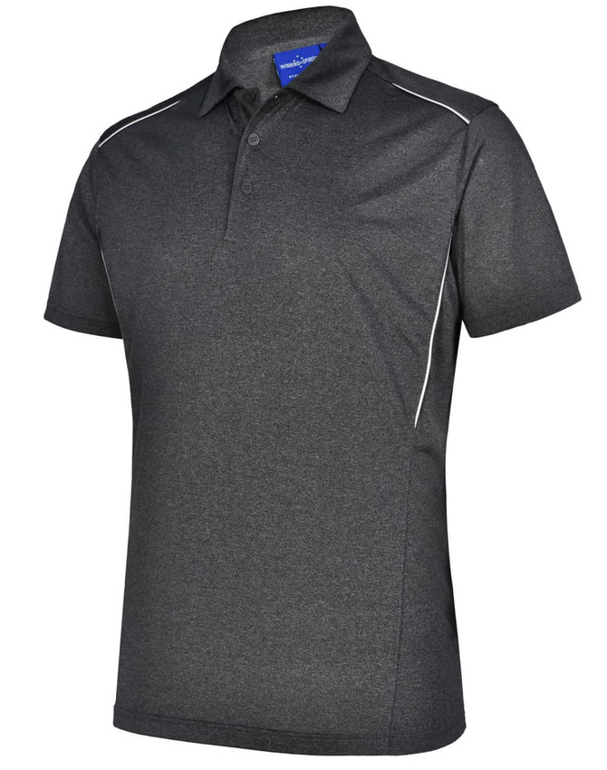 A men's short sleeve polo shirt in dark grey, featuring piping details and a logo.