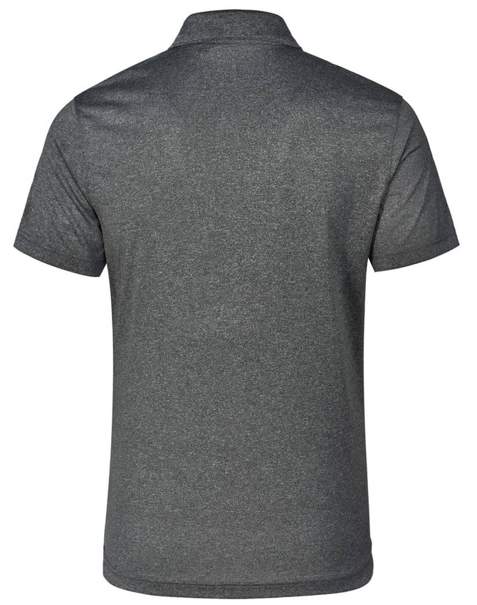 A dark grey men's short sleeve polo shirt with a collar and branding on the back.
