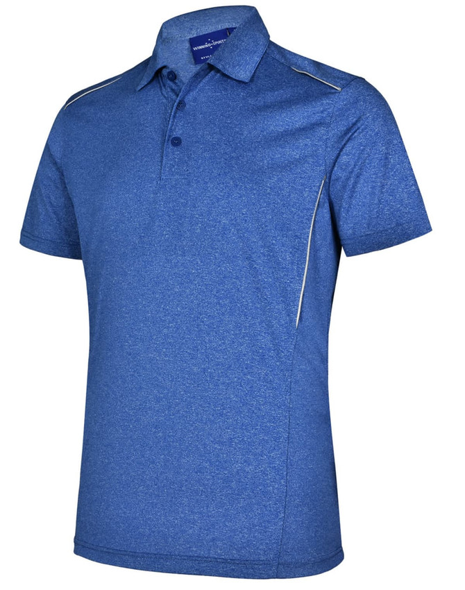 A short sleeve polo shirt in a vibrant blue colour with a subtle texture and decorative piping, featuring a branding logo.